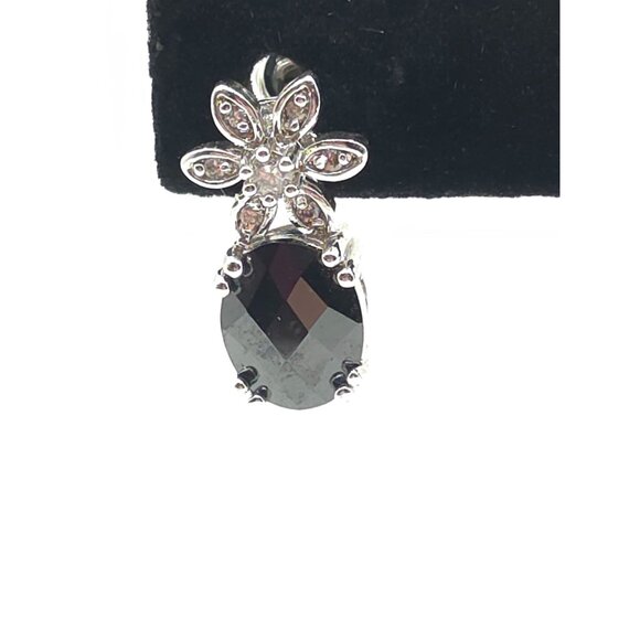 Silver Flower & Black Stone Drop Earrings With Sparkling Accents - Picture 3 of 6